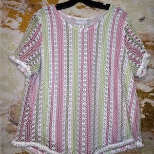 Alfred Dunner Lace Striped Top - Pink, Green, White